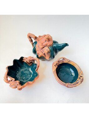 Vintage Terrafirma Ceramics Ellen Evans Green Pumpkin Teapot & Bowls 3 Piece Set